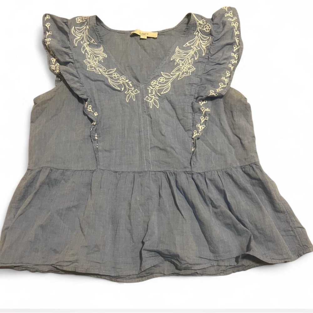 Loft Gray Embroidered Flutter Sleeve Peplum Top boho coquette